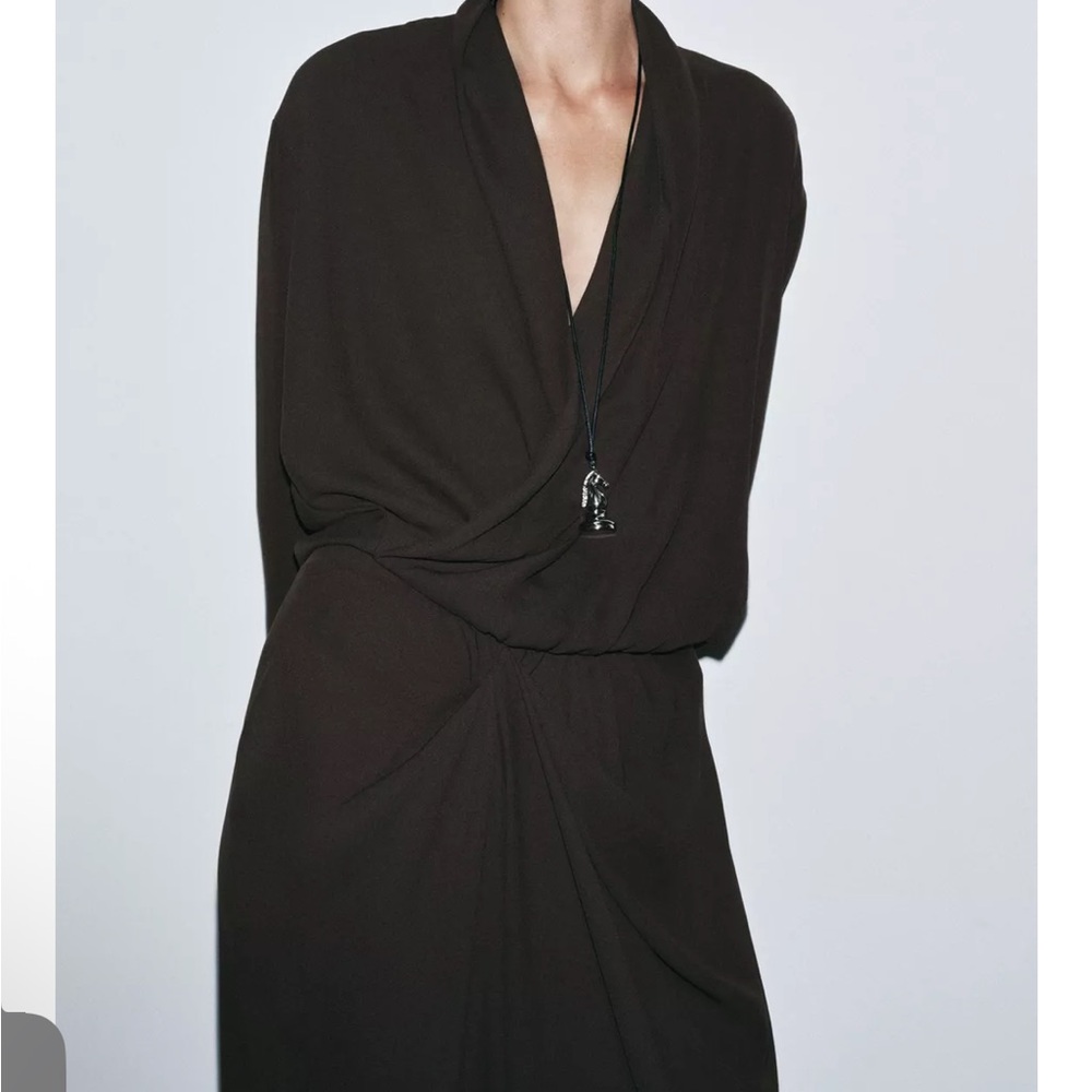 Zara NWT dark gray knot twist ruched flowy midi dress - Picture 4 of 9